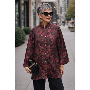 VGUC Citron Santa Monica Silk Blend Dragon Phoenix Bird Buttondodwn Tunic Top L